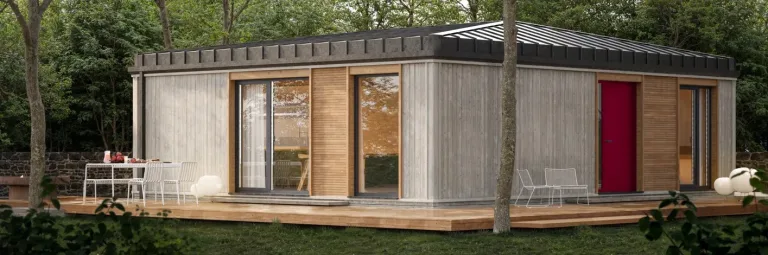 Holz-Modulhaus von DWELLII mit Photovoltaik und Wärmepumpe von iKratos